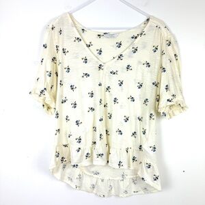 Lucky Brand Blue Floral Ruffle Hem Top Boho Cottagecore Peasant Tee